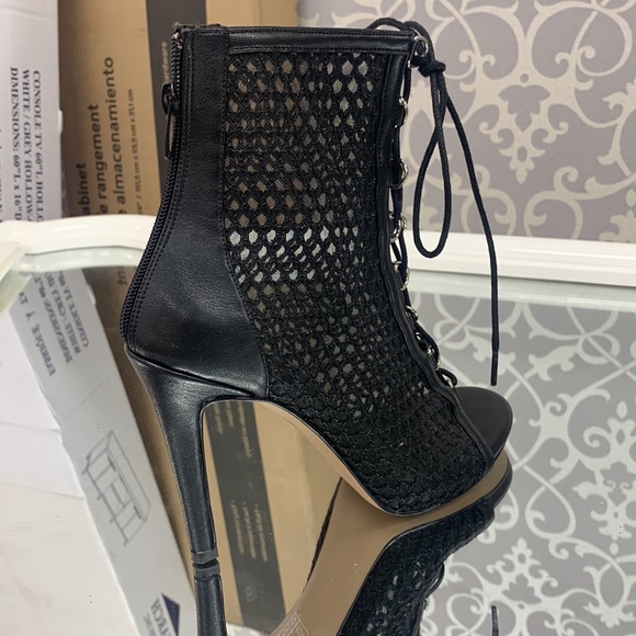 Women’s Fishnet Lace Up Stiletto Ankle Boots in Black Faux Leather and Zipper - Picture 6 of 10